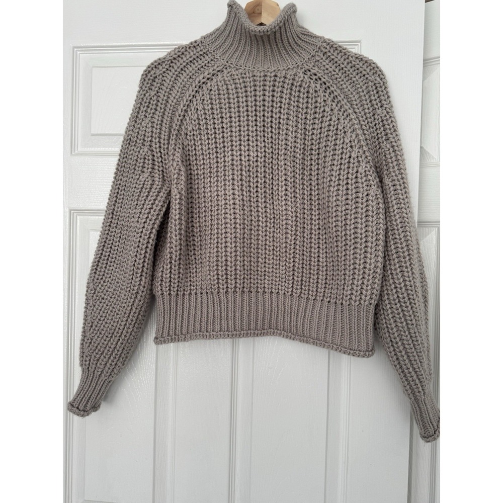 H&M Chunky Knit Taupe Mock High Roll Neck Cozy Soft Wool Blend Boxy Sweater S